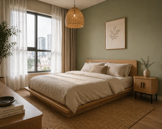 Japandi-style bedroom with low platform bed, warm oatmeal linen bedding and rattan pendant light in a Malaysian condo