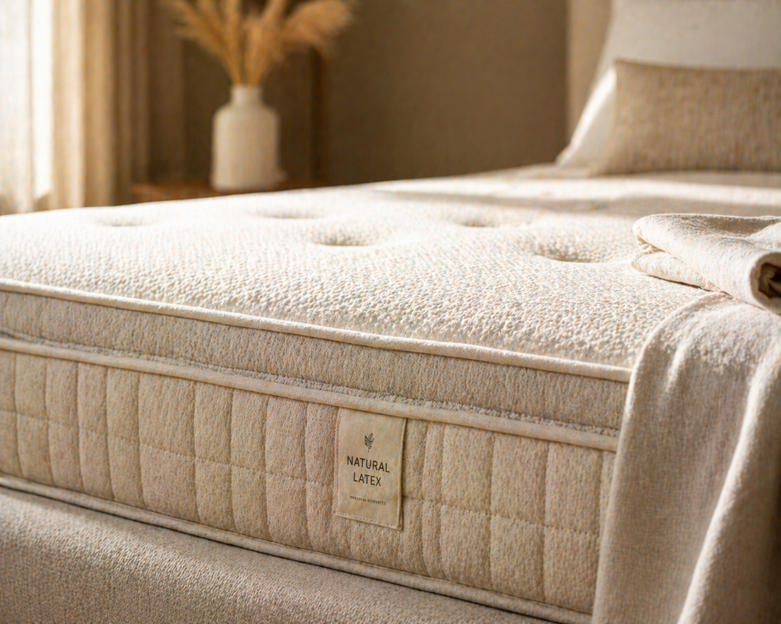 Close-up of a premium mattress surface showing fabric texture and thick profile with neatly folded linen sheet in warm natural light