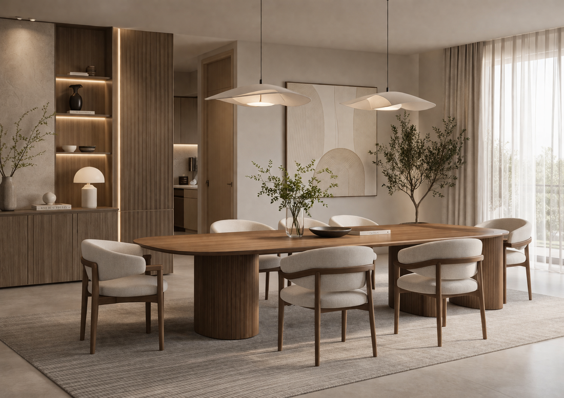 Modern rectangular dining table in open concept dining area with neutral tones