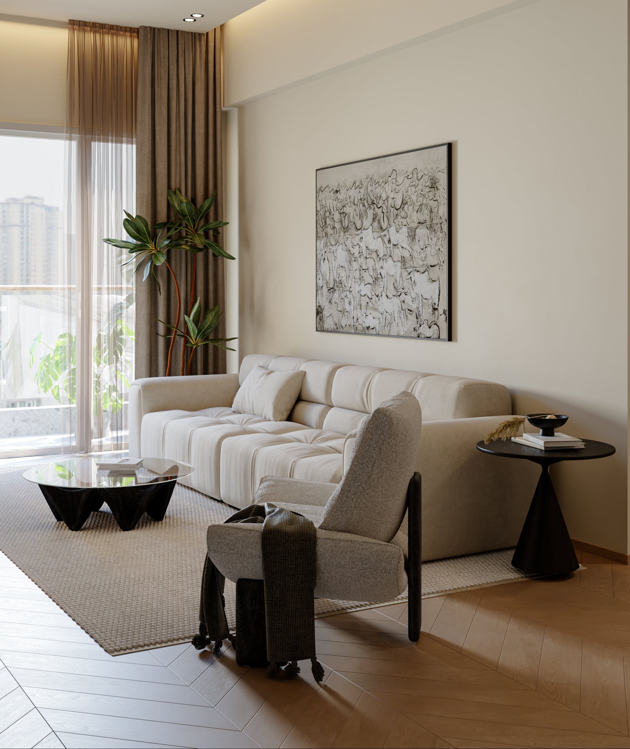 Modern living room with a beige sofa, coffee table, and decorative elements.