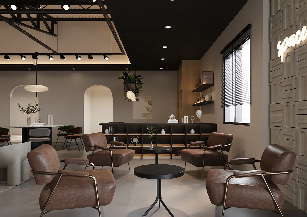 Modern interior design of a restaurant or cafe with brown chairs, black tables, and decorative elements.