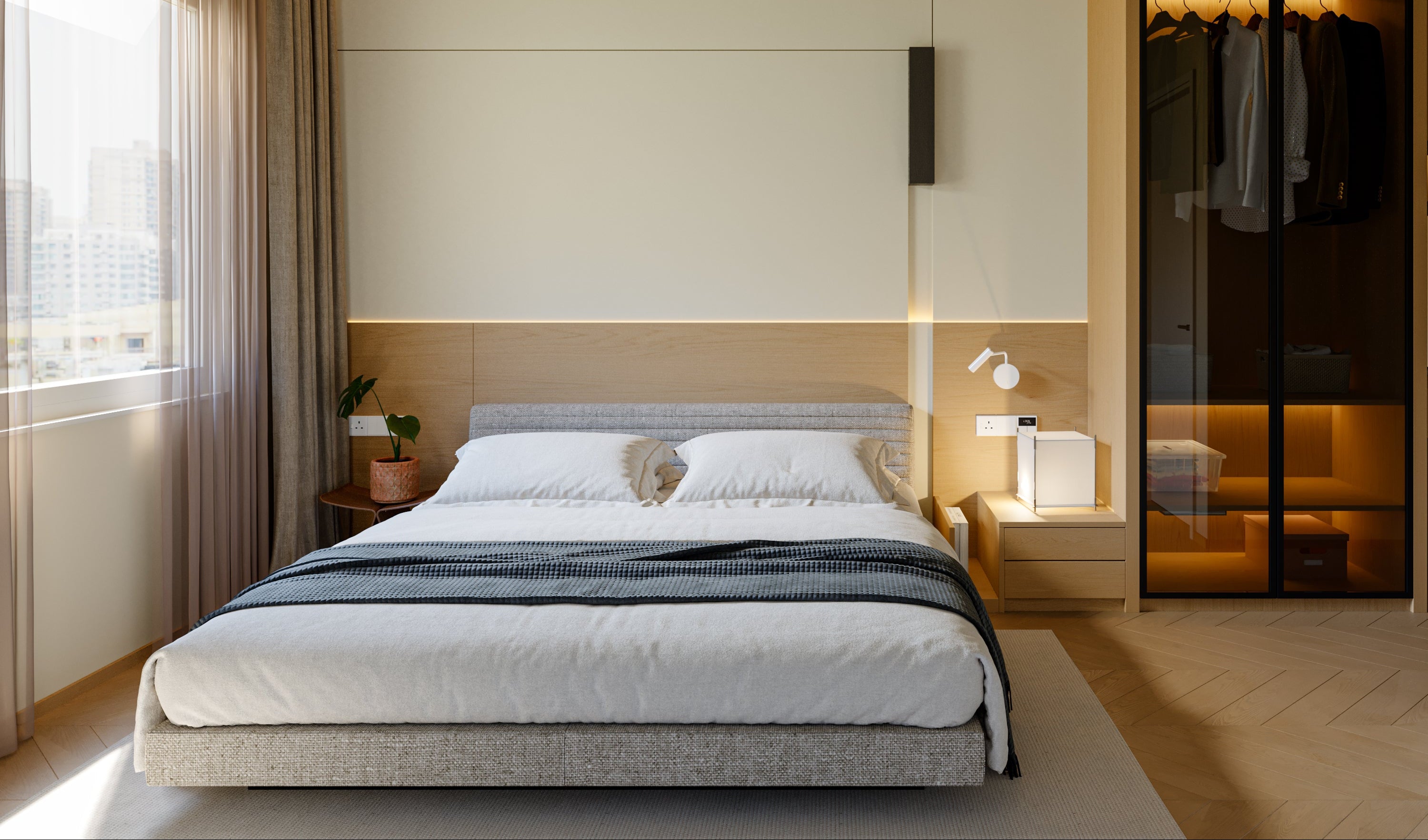 Modern bedroom with a bed, nightstands, and a wardrobe.